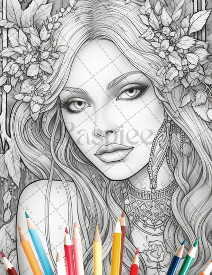 35 Beautiful Printable Elf Girls Coloring Book for Adults, Grayscale Coloring Page, PDF File Instant Download