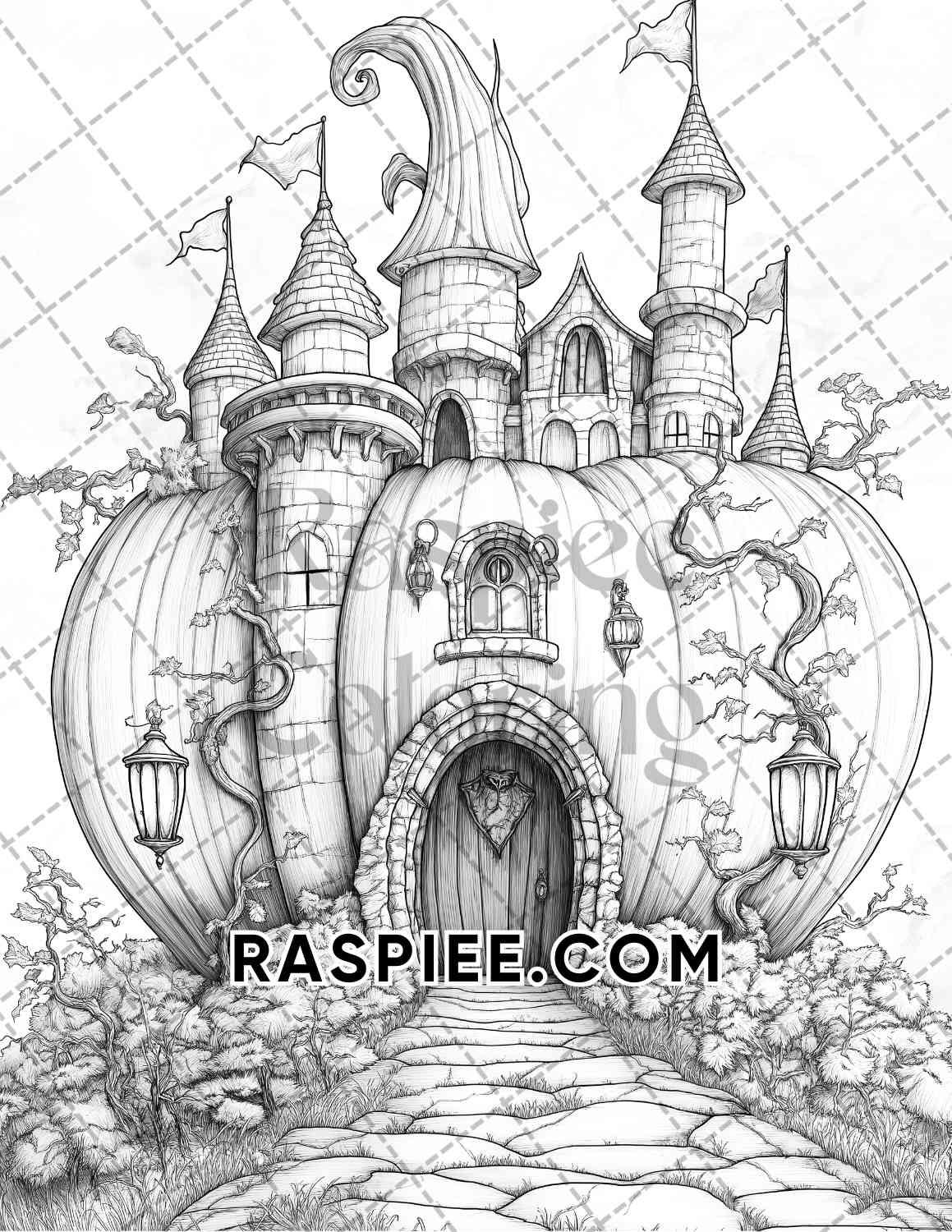Fantasy Giant Pumpkin Castles Adult Coloring Pages Printable PDF Instant Download