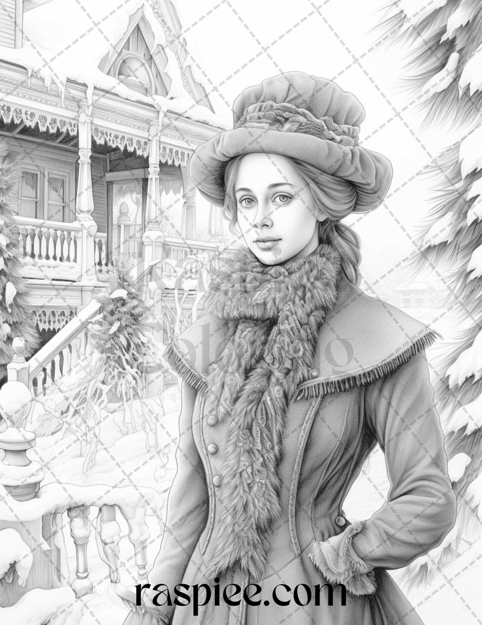 60 Victorian Winter Portrait Grayscale Coloring Pages Printable for Adults, PDF File Instant Download