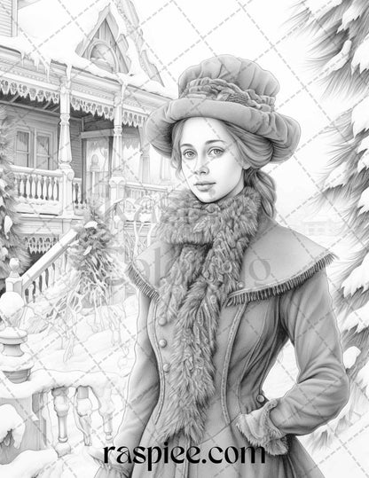 60 Victorian Winter Portrait Grayscale Coloring Pages Printable for Adults, PDF File Instant Download
