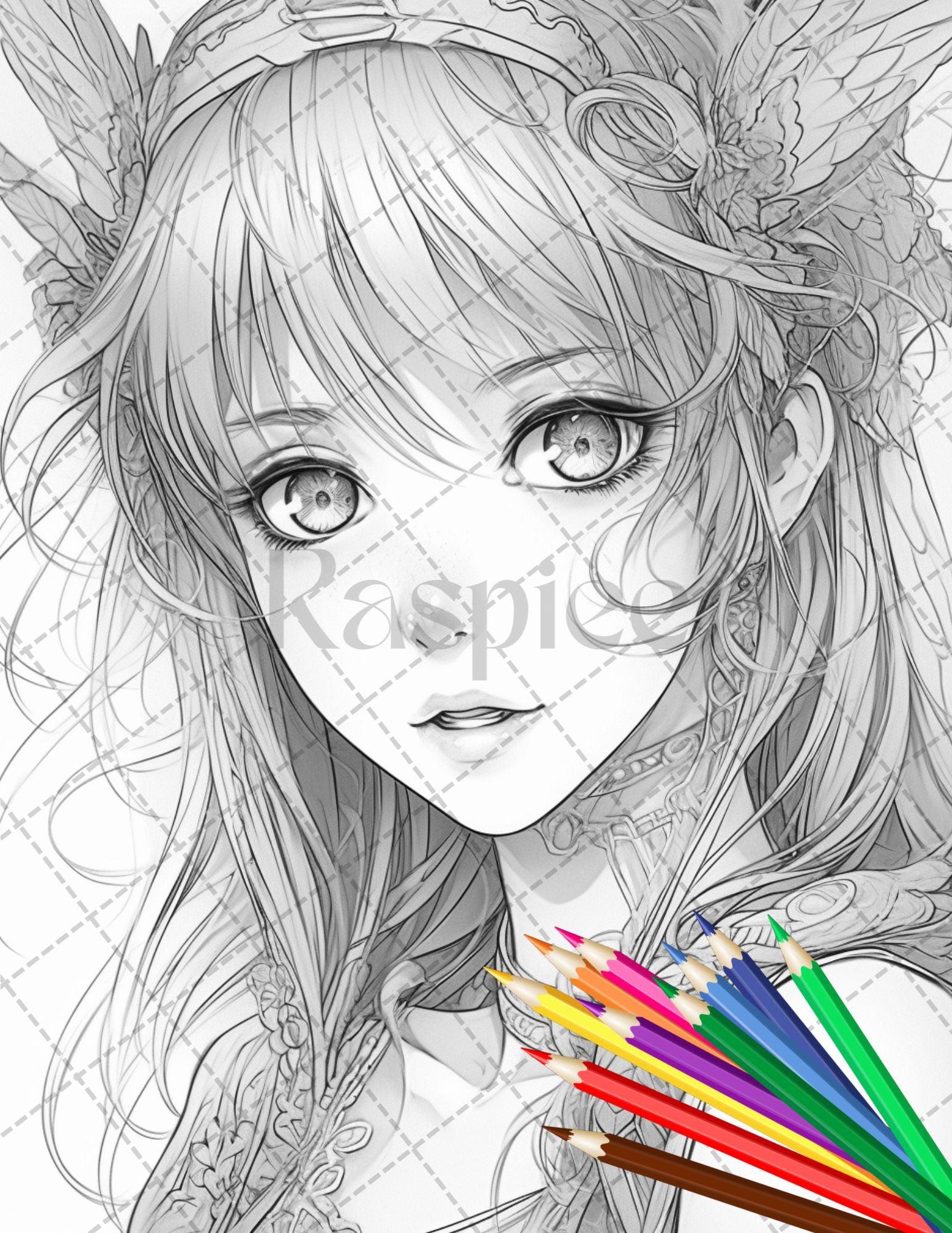 32 Anime Fairy Girl Printable Coloring Pages for Adults, Cute Fairy Grayscale Coloring Book, Printable PDF File Download