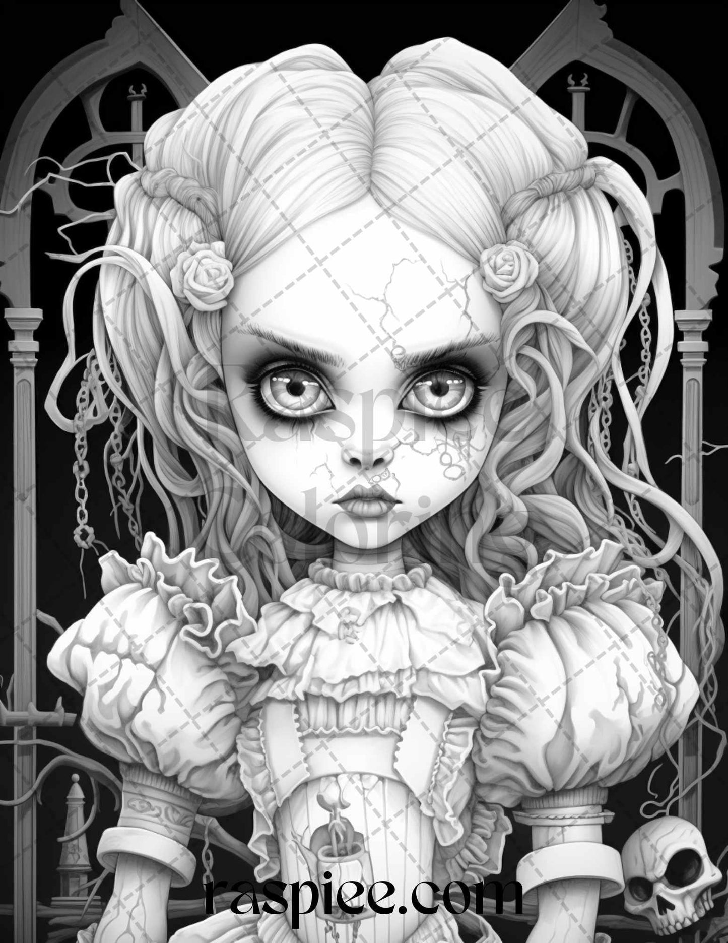 50 Scary Victorian Dolls Grayscale Coloring Pages Printable for Adults, PDF File Instant Download