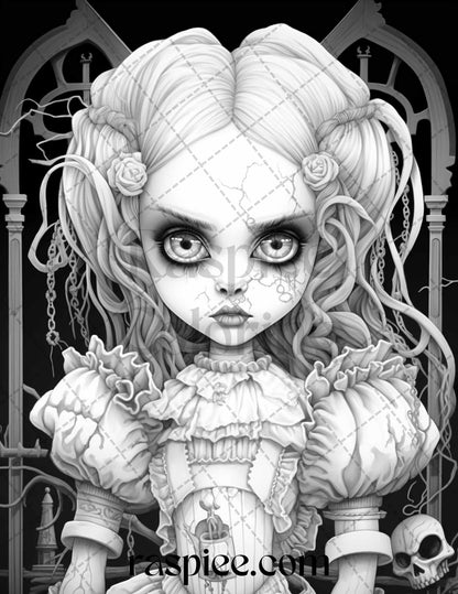 50 Scary Victorian Dolls Grayscale Coloring Pages Printable for Adults, PDF File Instant Download