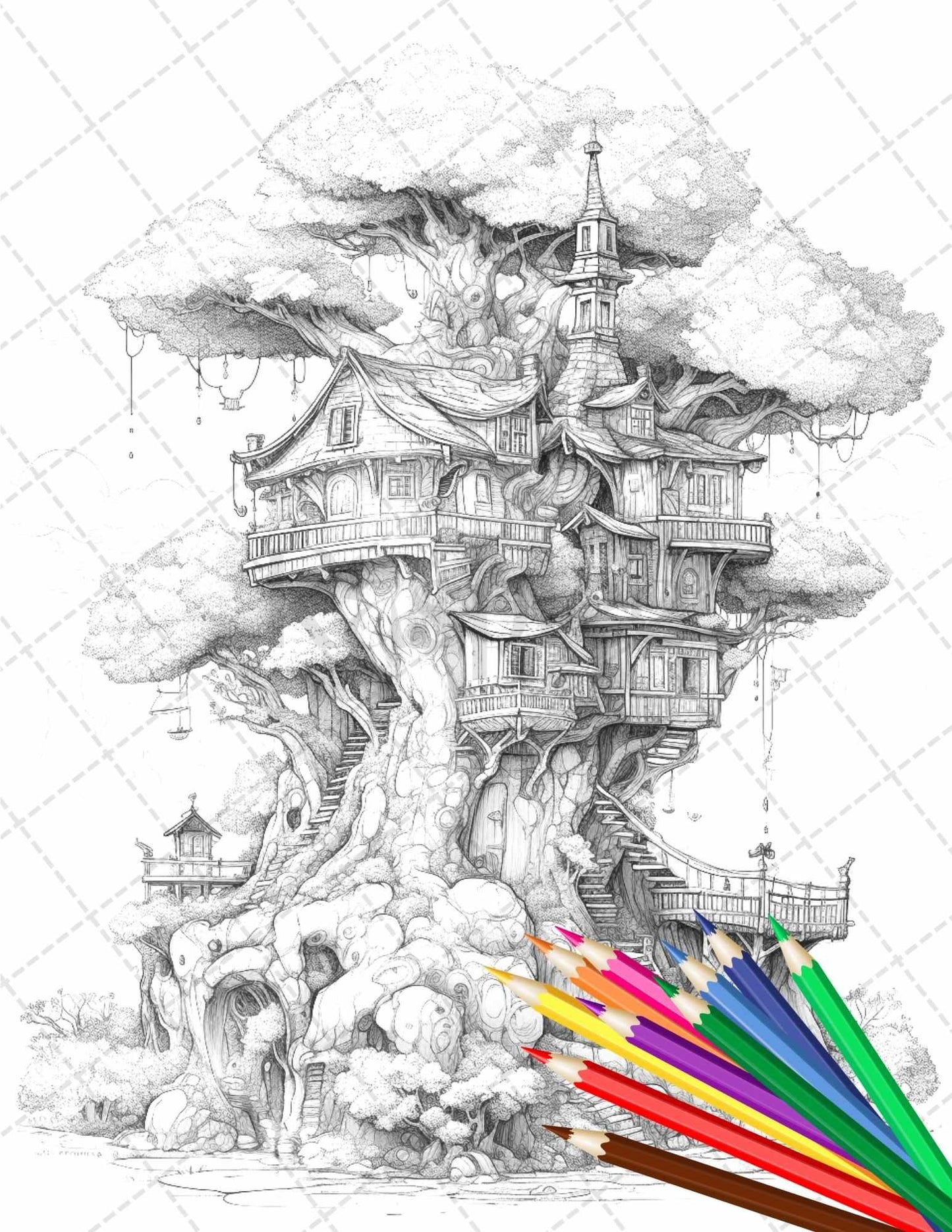 110 Enchanted Treehouse Coloring Book Printable for Adults, Grayscale Coloring Page, PDF File Instant Download