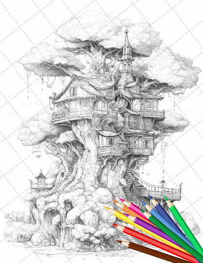 110 Enchanted Treehouse Coloring Book Printable for Adults, Grayscale Coloring Page, PDF File Instant Download