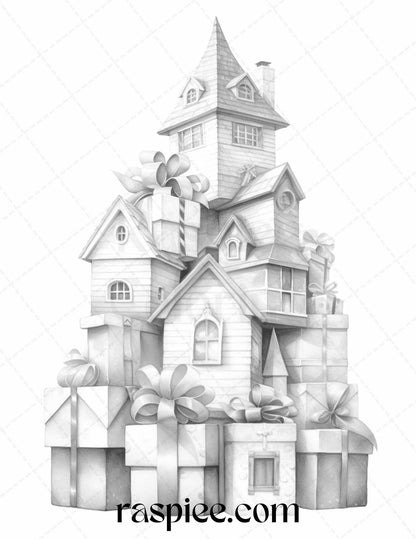 40 Adorable Gift Box Houses Grayscale Coloring Pages Printable for Adults Kids, PDF File Instant Download