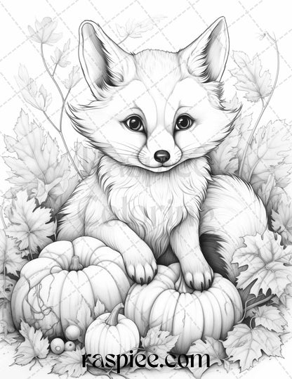 Autumn Animals Grayscale Coloring Pages for Adults and Kids, Printable PDF File Instant Download