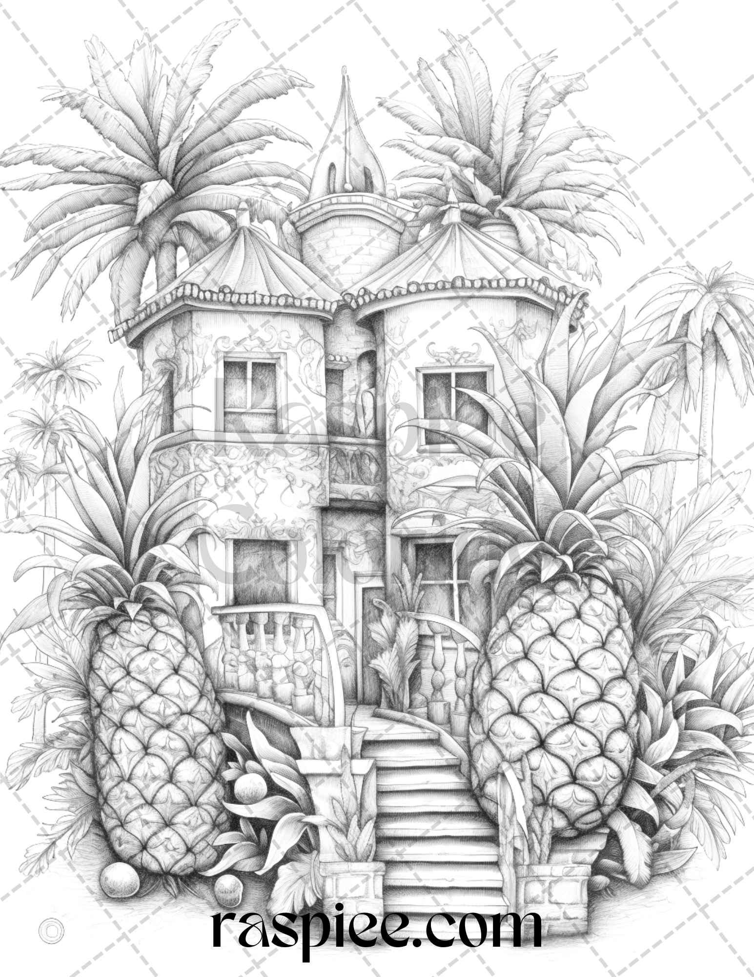 50 Pineapple Houses Grayscale Coloring Pages Printable for Adults, PDF File Instant Download