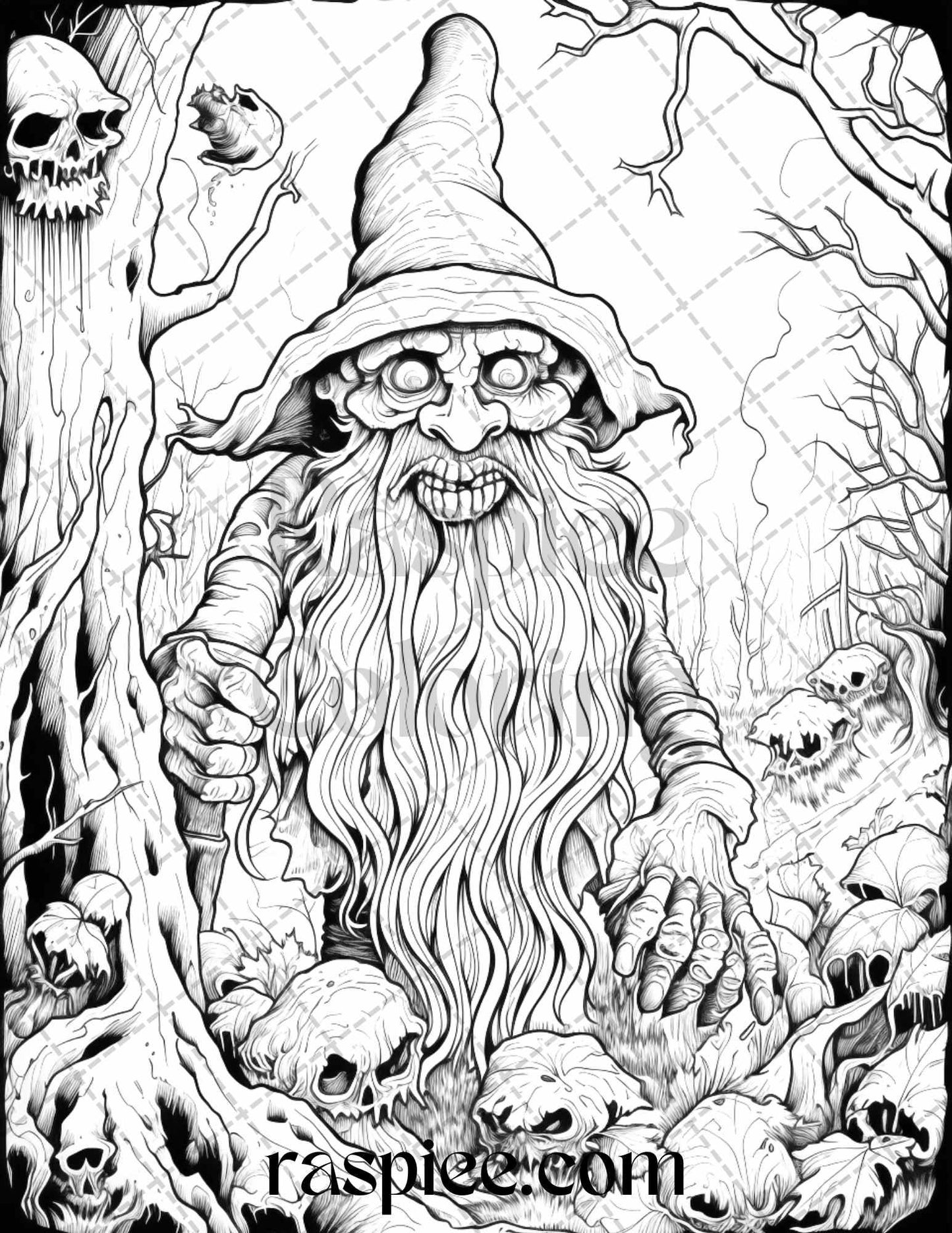 50 Horror Zombie Gnomes Grayscale Coloring Pages Printable for Adults, PDF File Instant Download