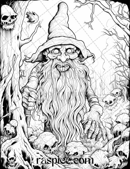 50 Horror Zombie Gnomes Grayscale Coloring Pages Printable for Adults, PDF File Instant Download