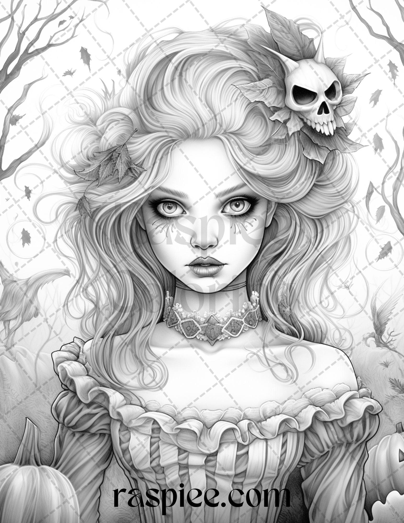 55 Halloween Girls Grayscale Coloring Pages Printable for Adults, PDF File Instant Download