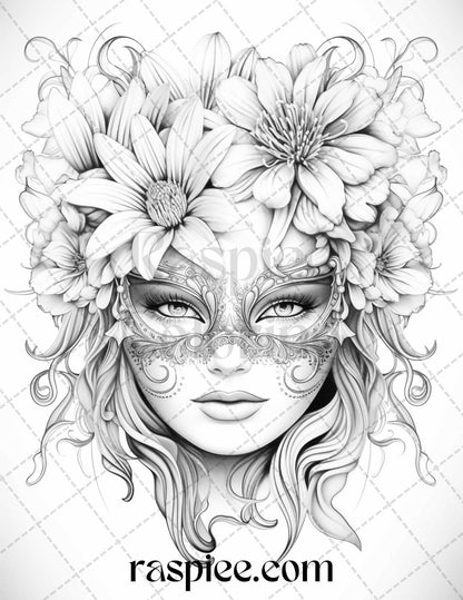 40 Masquerade Masks Grayscale Coloring Pages Printable for Adults, PDF File Instant Download