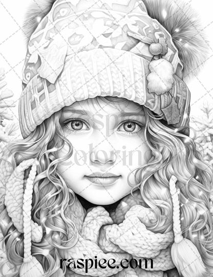 60 Beautiful Winter Girls Grayscale Coloring Pages Printable for Adults, PDF File Instant Download