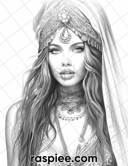 60 Bohemian Beauties Grayscale Coloring Pages for Adults, Printable PDF Instant Download