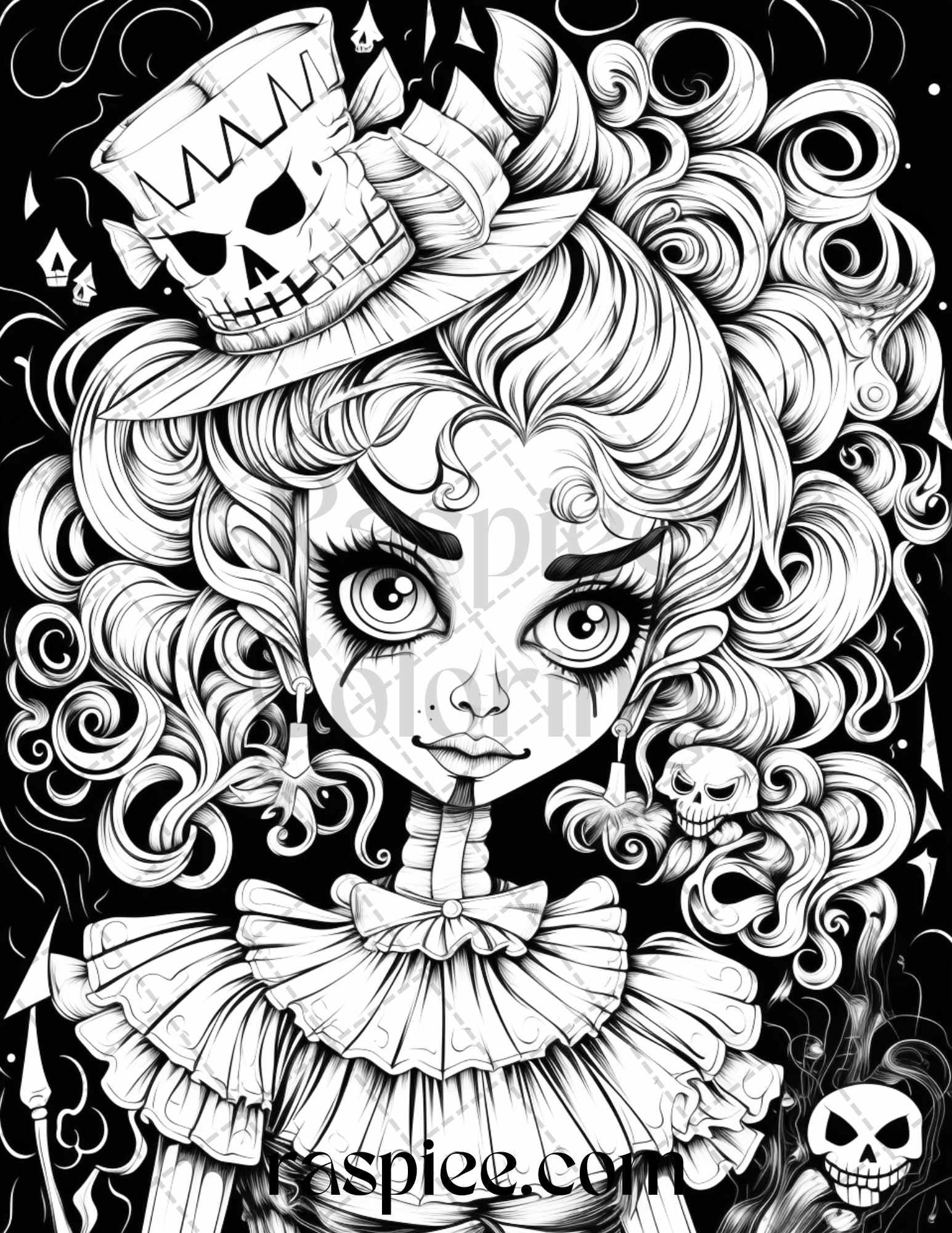 50 Spooky Miss Nightmare Grayscale Coloring Pages Printable for Adults, PDF File Instant Download