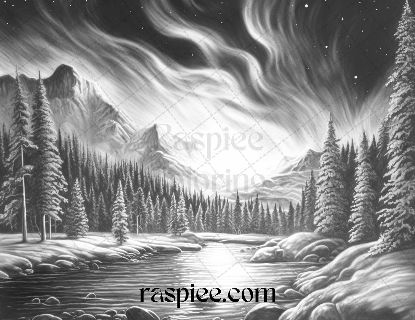 Aurora Borealis Landscape Grayscale Coloring Pages for Adults, Printable PDF File Instant Download