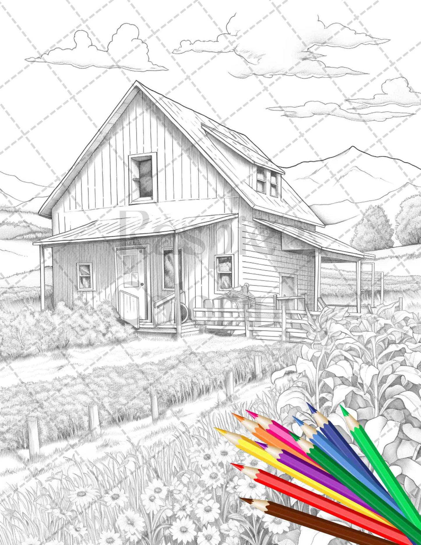 Charming Farmhouse Scenery Grayscale Coloring Pages Printable for Adults, PDF File Instant Download