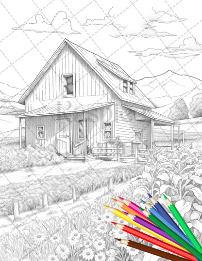 Charming Farmhouse Scenery Grayscale Coloring Pages Printable for Adults, PDF File Instant Download