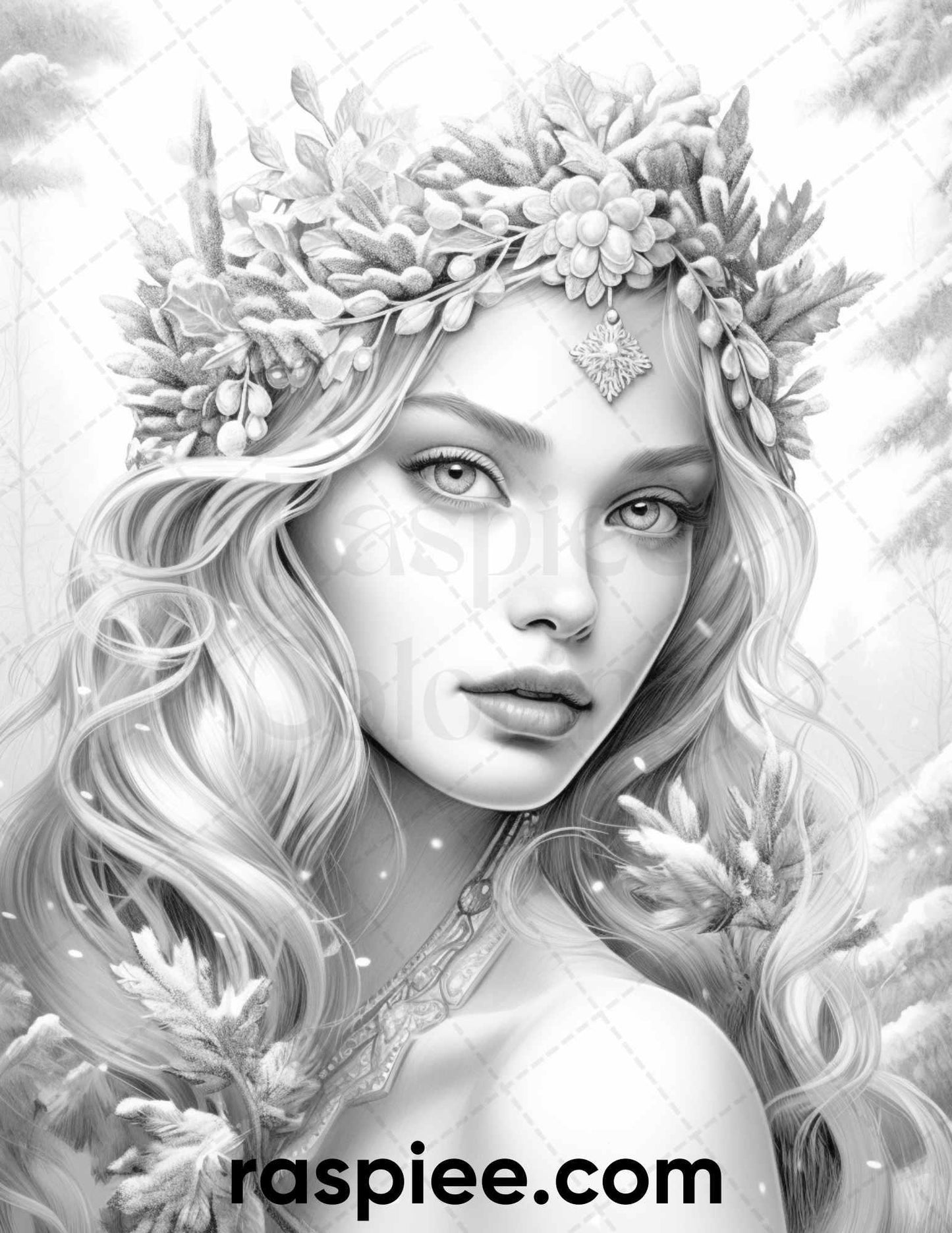 50 Winter Queens Portrait Grayscale Coloring Pages Printable for Adults, PDF File Instant Download