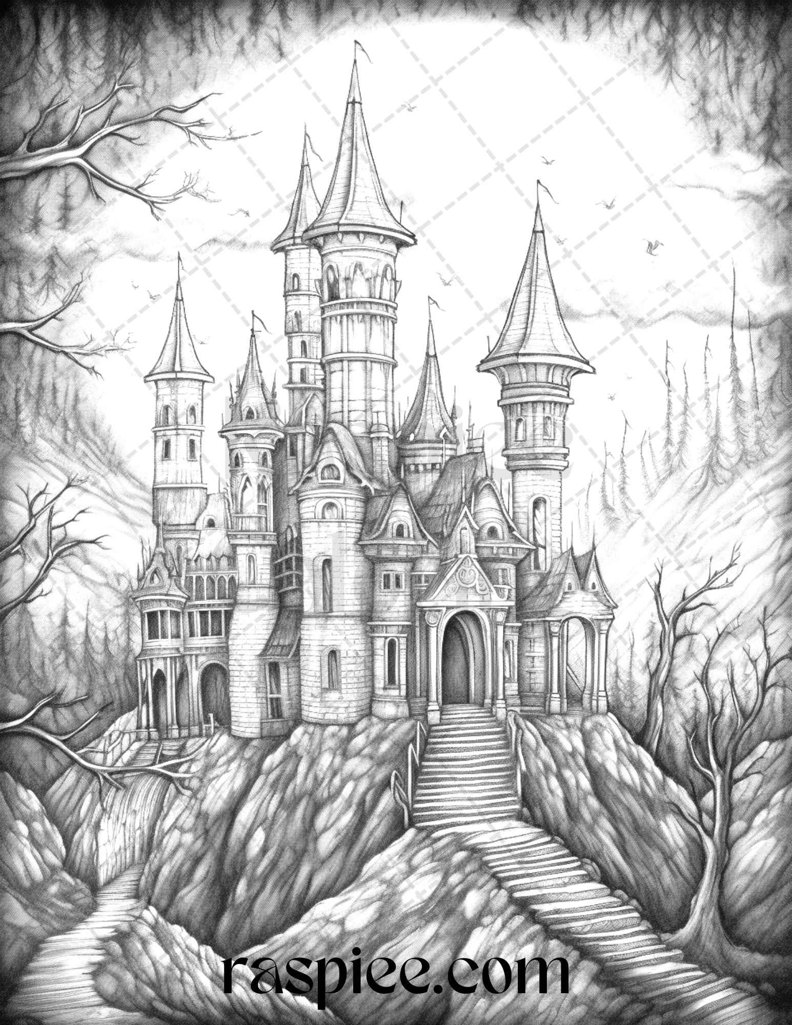50 Haunted Castles Grayscale Coloring Pages Printable, Halloween Coloring Book, PDF File Instant Download