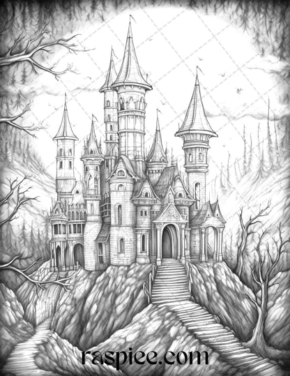 50 Haunted Castles Grayscale Coloring Pages Printable, Halloween Coloring Book, PDF File Instant Download