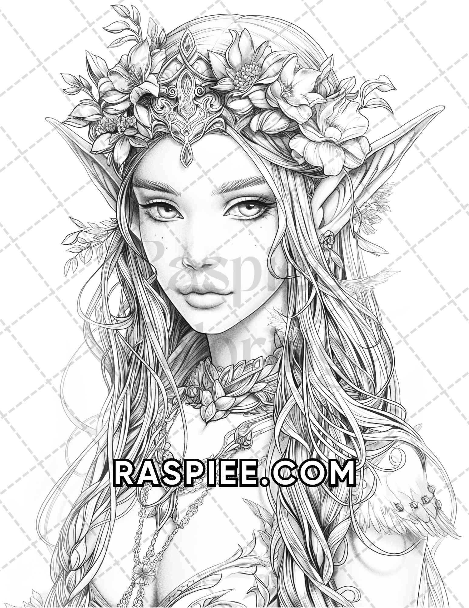 60 Fantasy Beauties Grayscale Adult Coloring Pages Printable PDF Instant Download