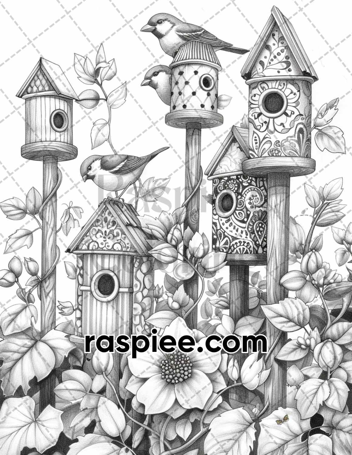 70 Enchanted Birdhouses Grayscale Adult Coloring Pages, Printable PDF Instant Download