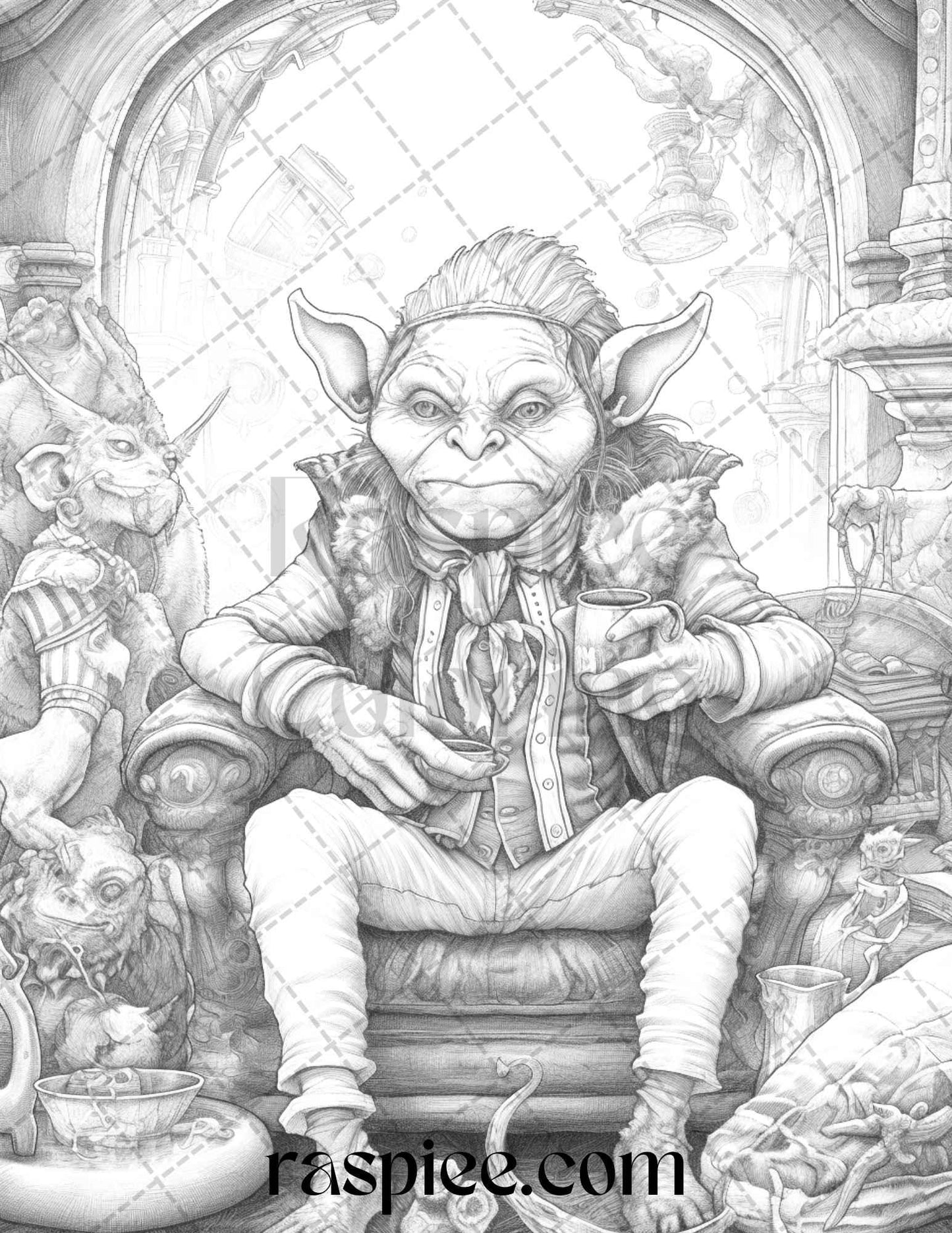 Fantasy Goblins Grayscale Coloring Pages Printable for Adults, PDF File Instant Download