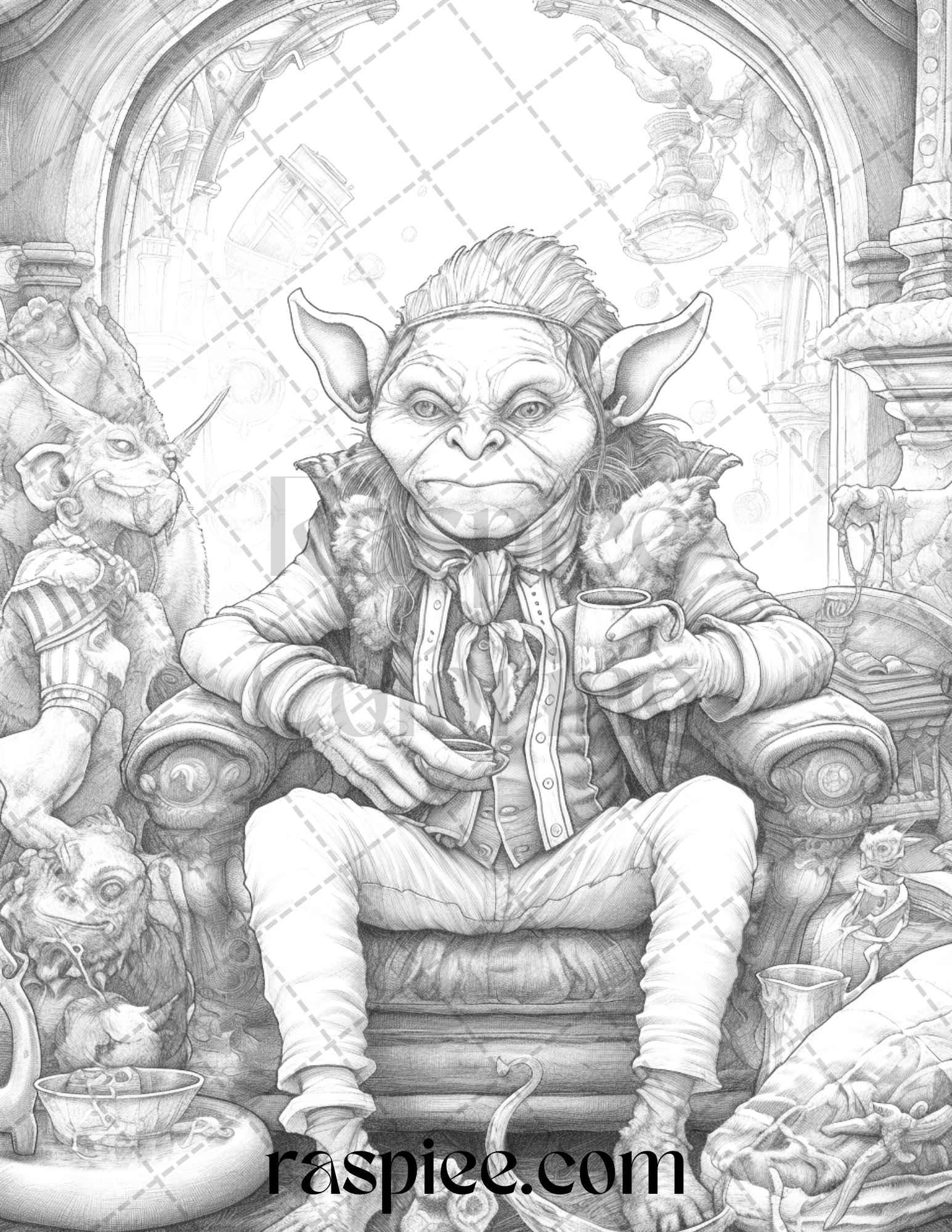 Fantasy Goblins Grayscale Coloring Pages Printable for Adults, PDF File Instant Download