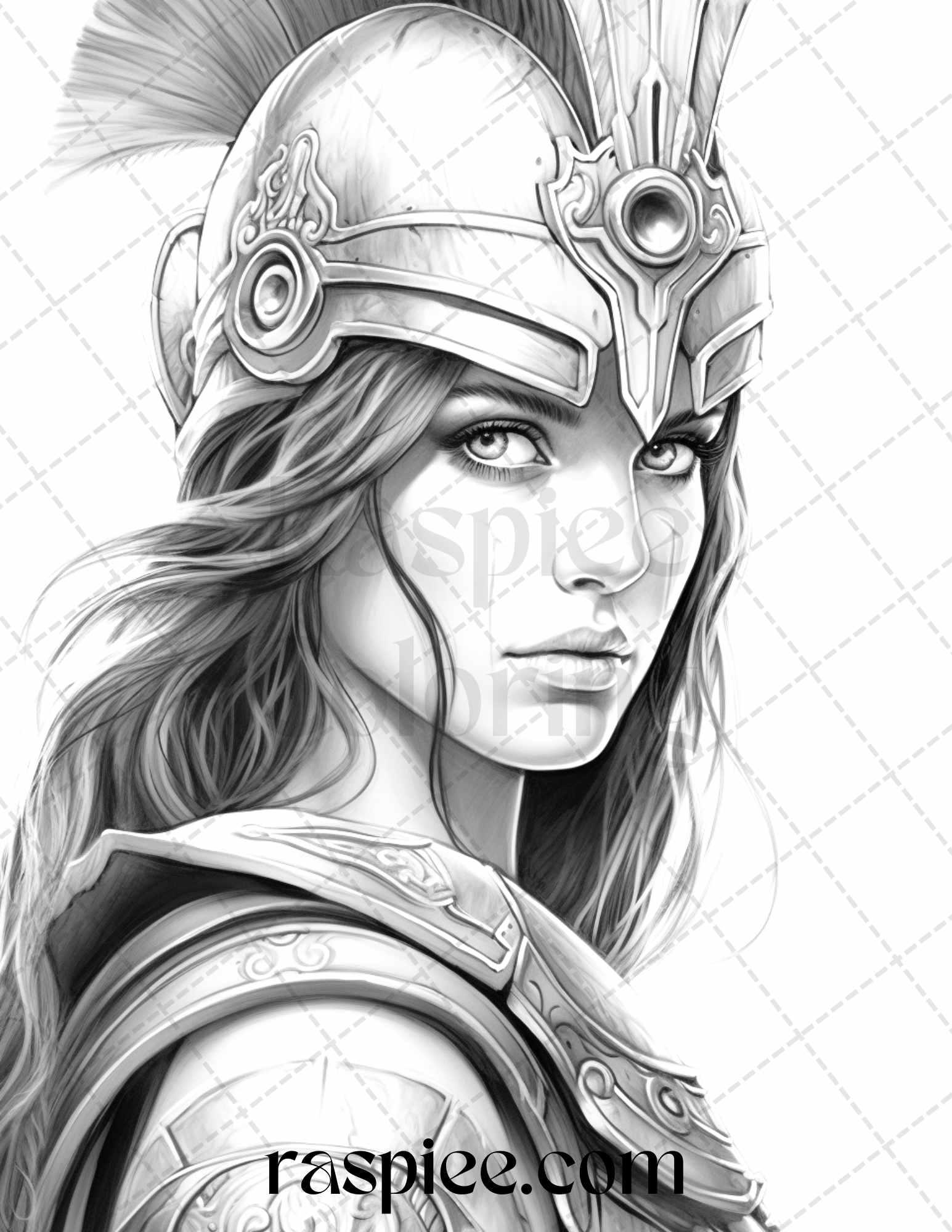 Greek Women Warriors Grayscale Coloring Pages for Adults, Printable PDF File Instant Download