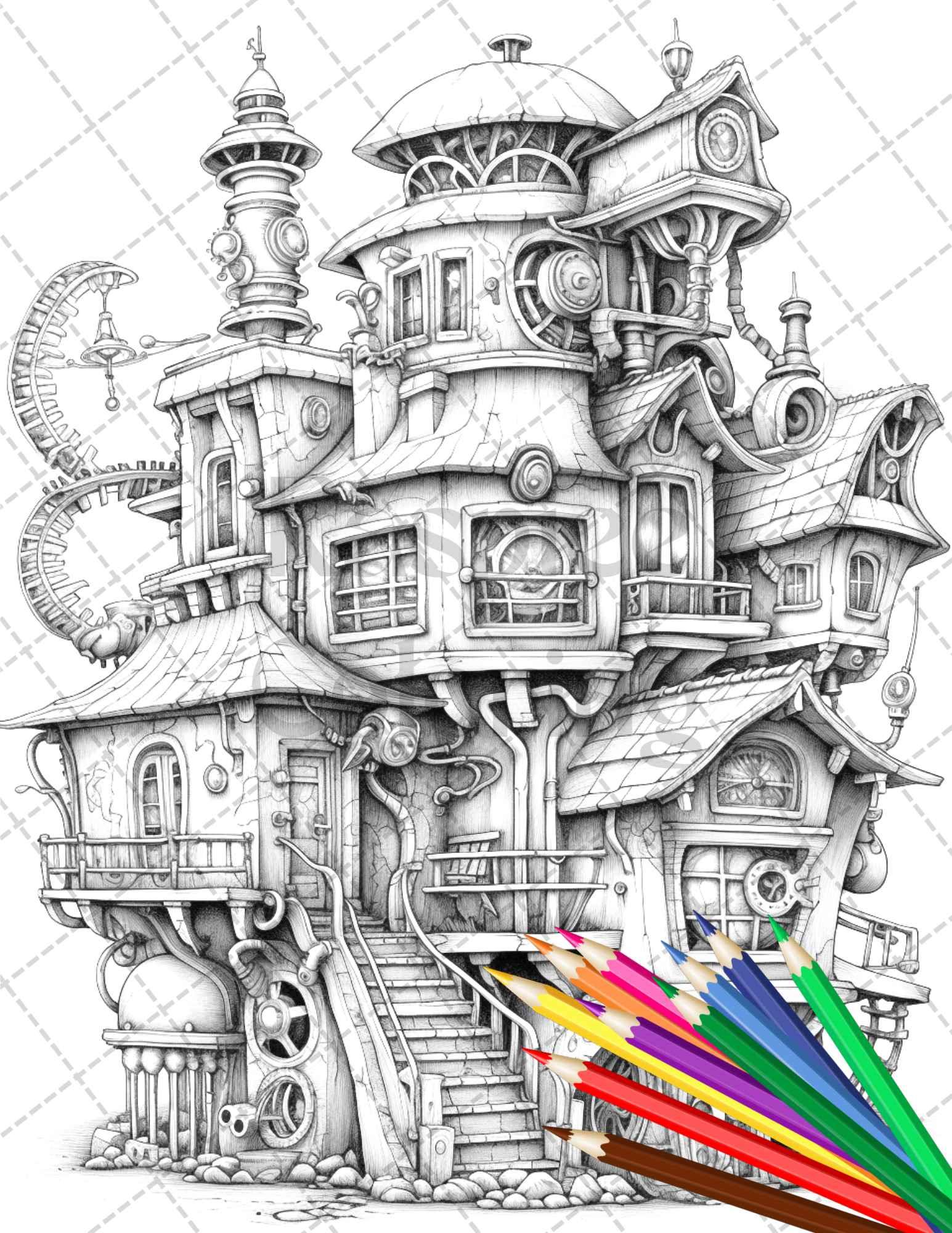 50 Steampunk Houses Grayscale Coloring Pages Printable for Adults, PDF File Instant Download