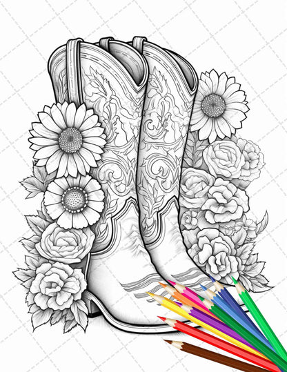 32 Flower Boots Coloring Pages Printable for Adults, Floral Grayscale Coloring Page, PDF File Instant Download