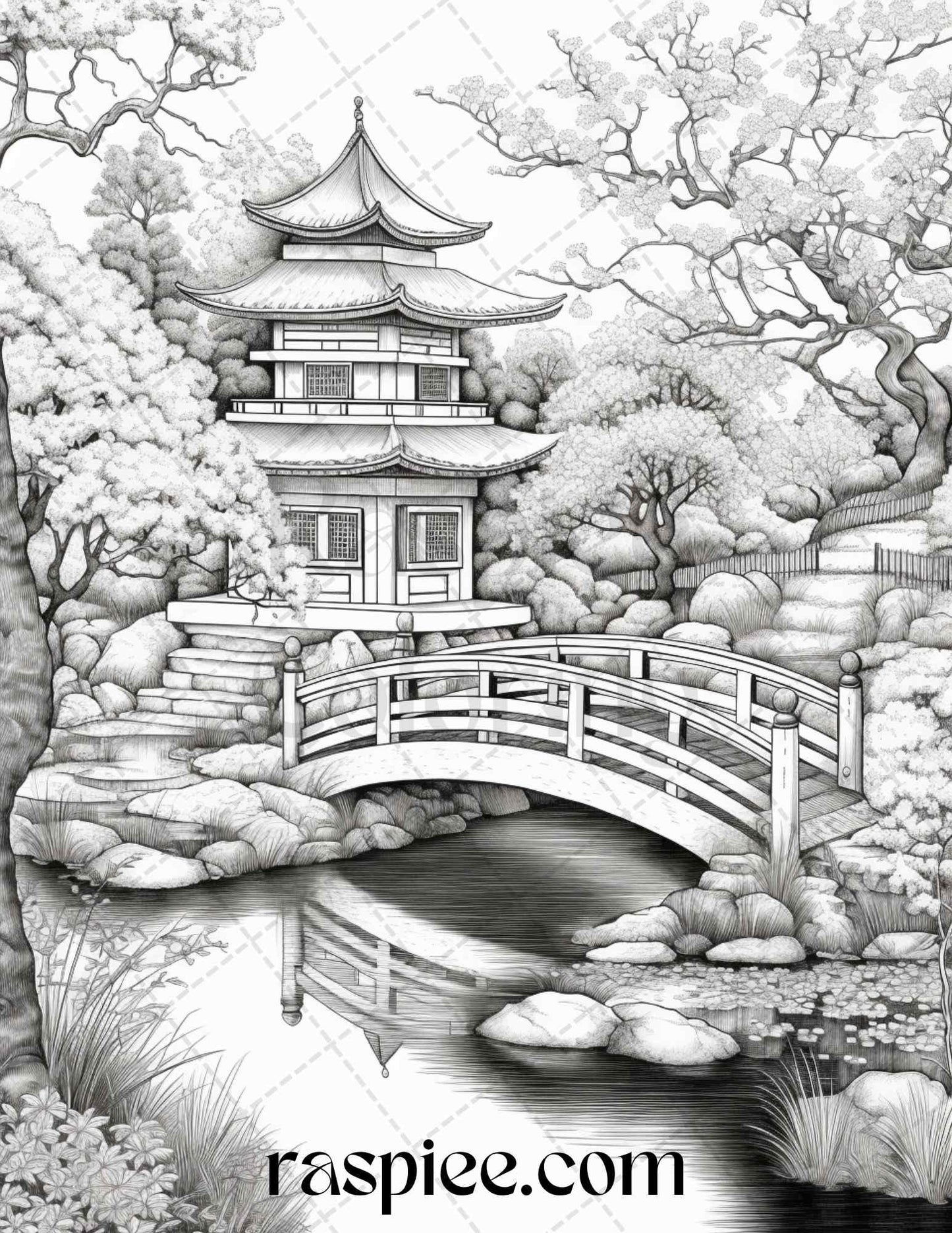Japanese Garden Grayscale Coloring Pages Printable for Adults, PDF File Instant Download