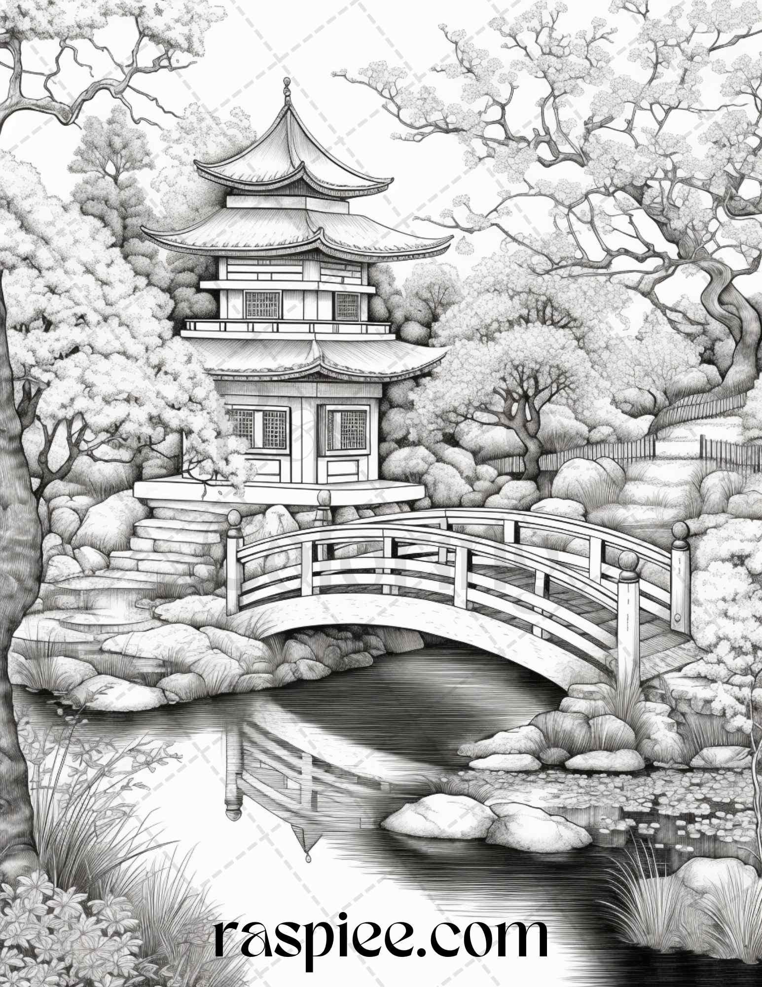 Japanese Garden Grayscale Coloring Pages Printable for Adults, PDF File Instant Download