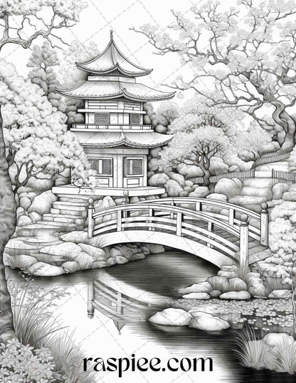 Japanese Garden Grayscale Coloring Pages Printable for Adults, PDF File Instant Download