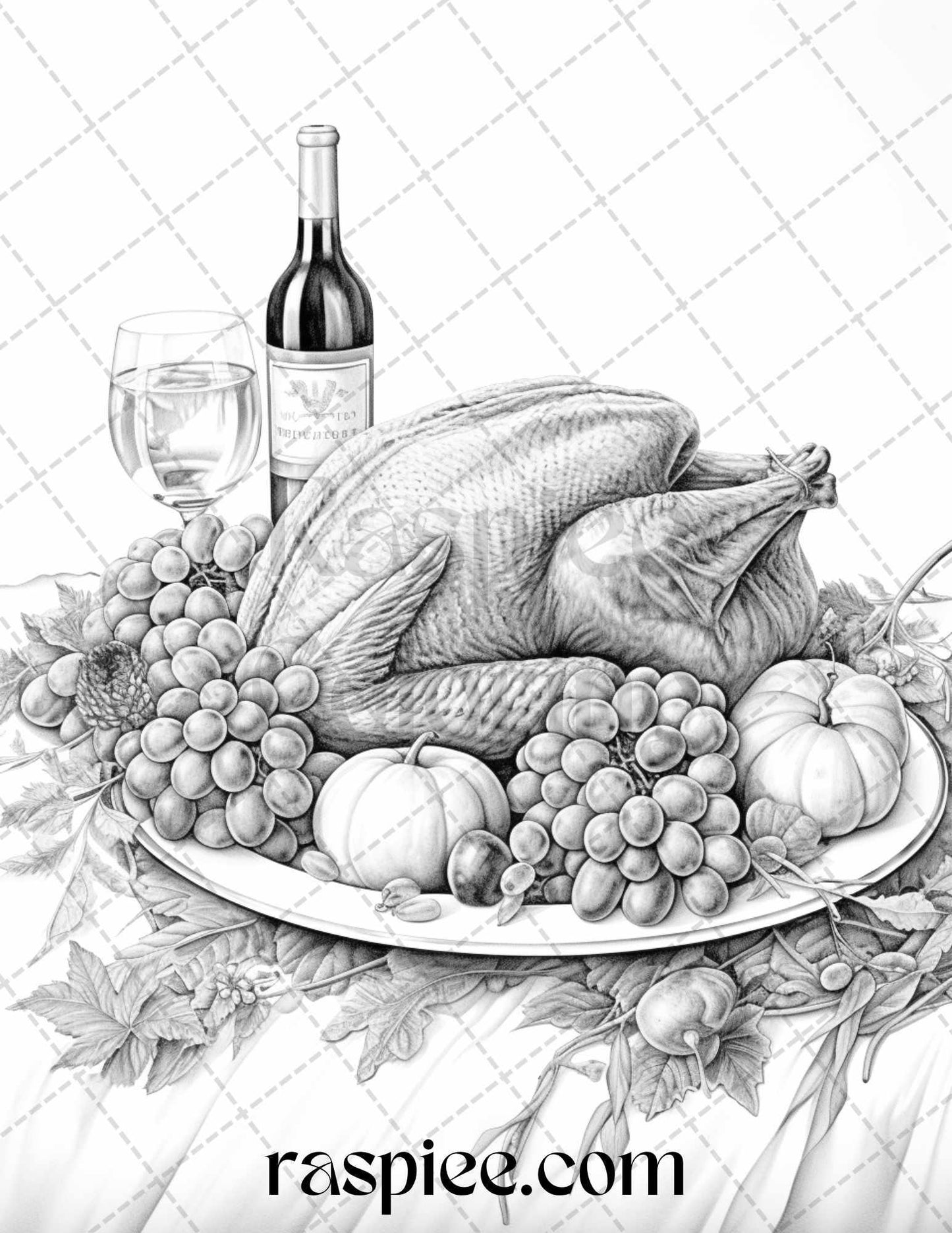 Thanksgiving Dinner Grayscale Coloring Pages for Adults, Relaxing Fall Coloring Sheets, Printable PDF File Instant Download