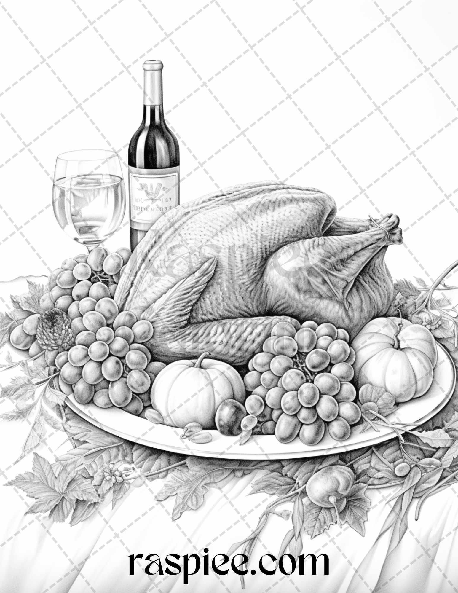 Thanksgiving Dinner Grayscale Coloring Pages for Adults, Relaxing Fall Coloring Sheets, Printable PDF File Instant Download