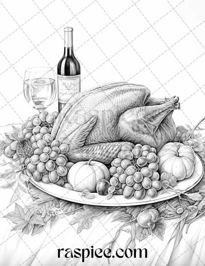 Thanksgiving Dinner Grayscale Coloring Pages for Adults, Relaxing Fall Coloring Sheets, Printable PDF File Instant Download