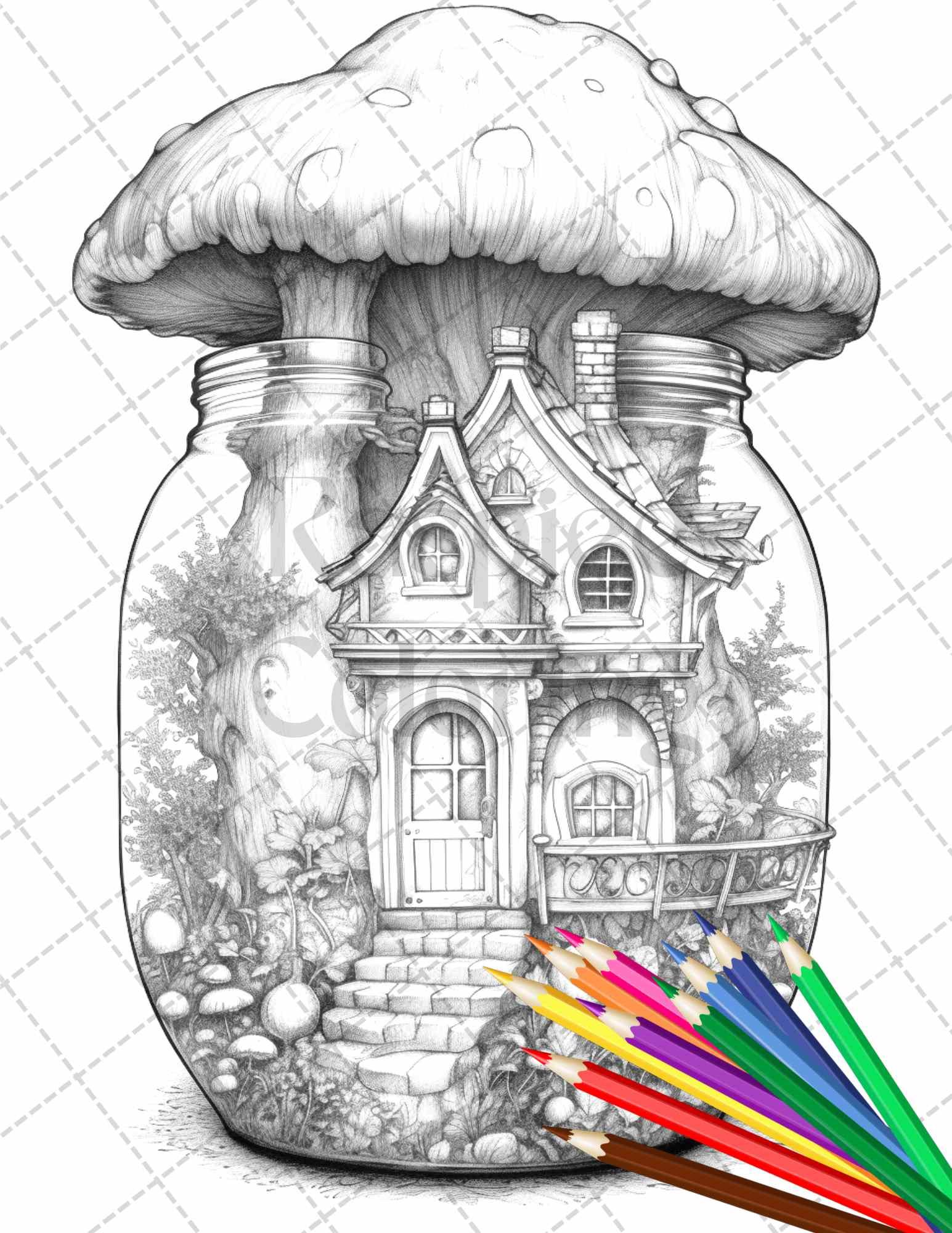 Fairy House in Jar Grayscale Coloring Pages Printable for Adults, PDF File Instant Download