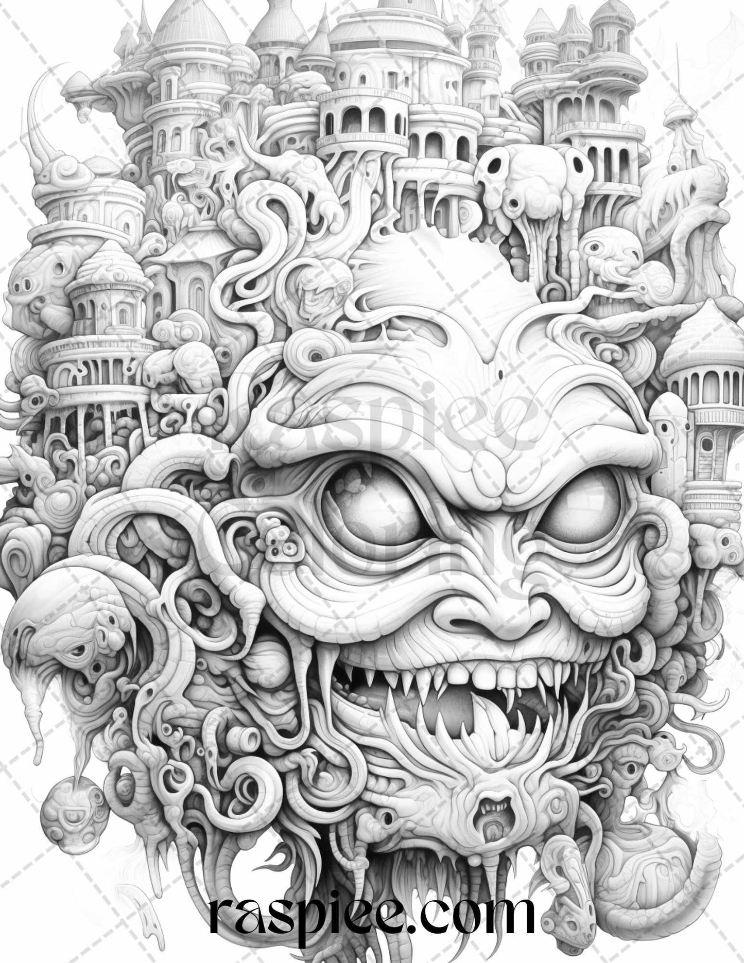 53 Surreal Creatures Grayscale Coloring Pages for Adults, Printable PDF File Instant Download