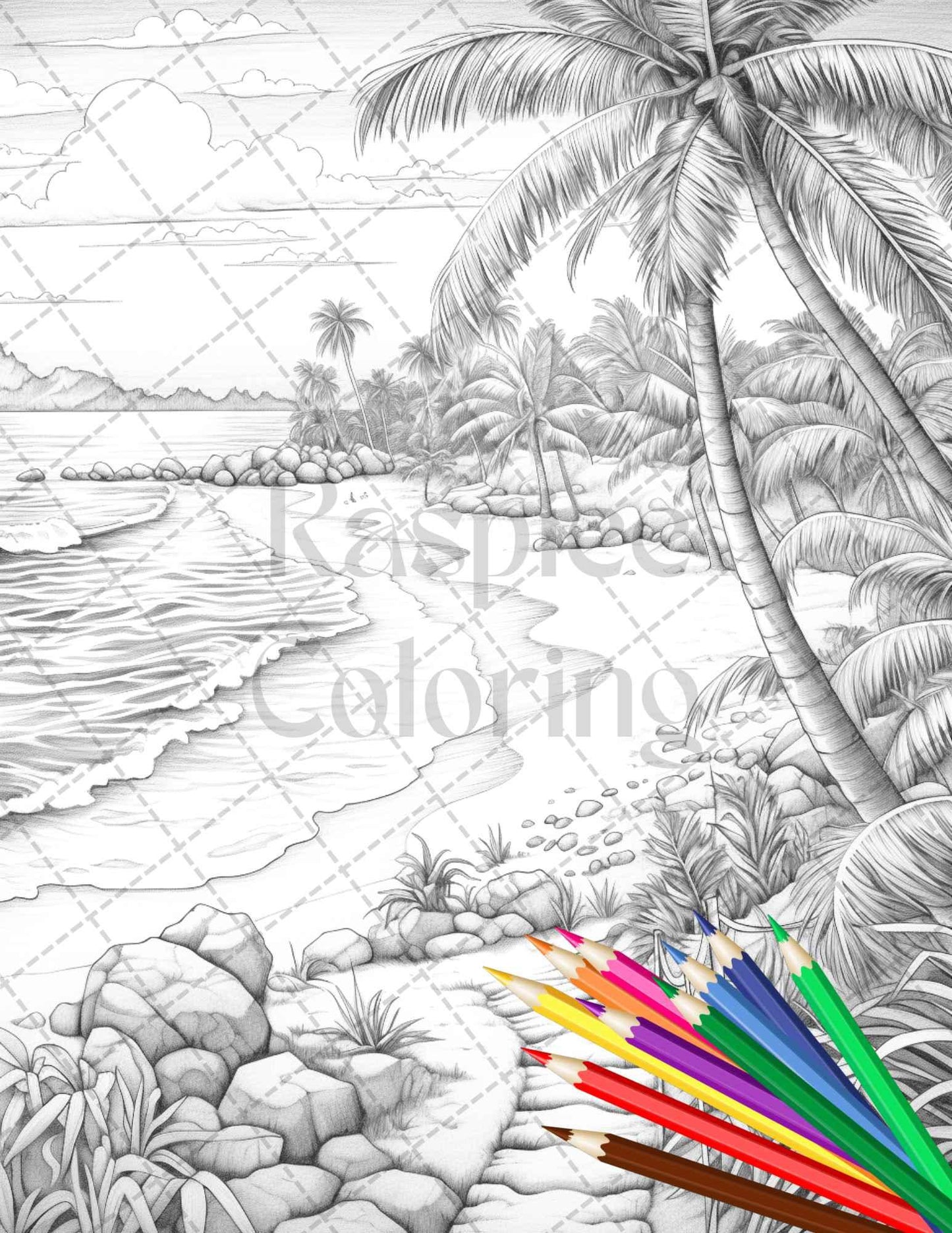 Beautiful Tropical Beach Grayscale Coloring Pages Printable for Adults, PDF File Instant Download
