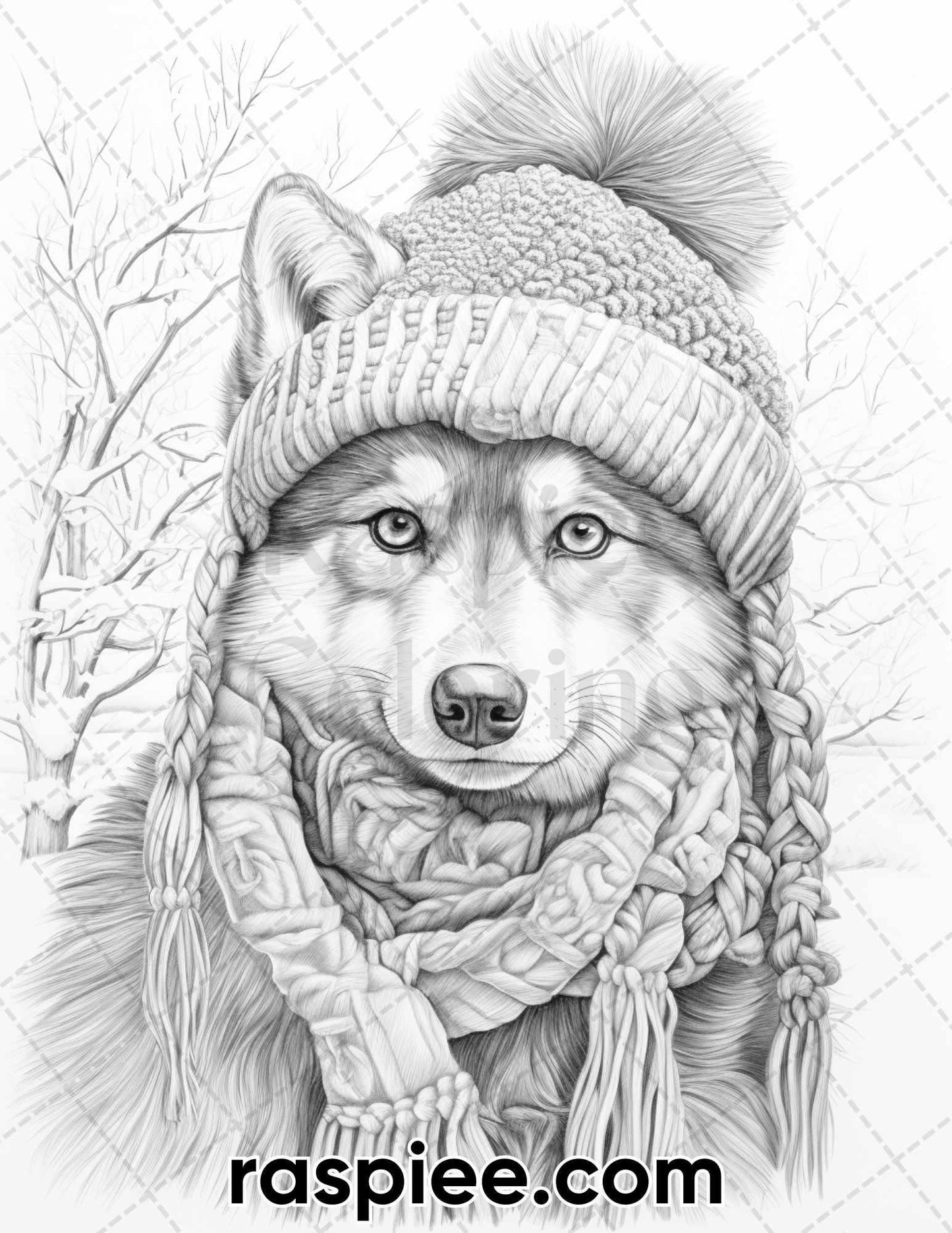 50 Winter Wolf Grayscale Coloring Pages for Adults, Printable PDF Instant Download