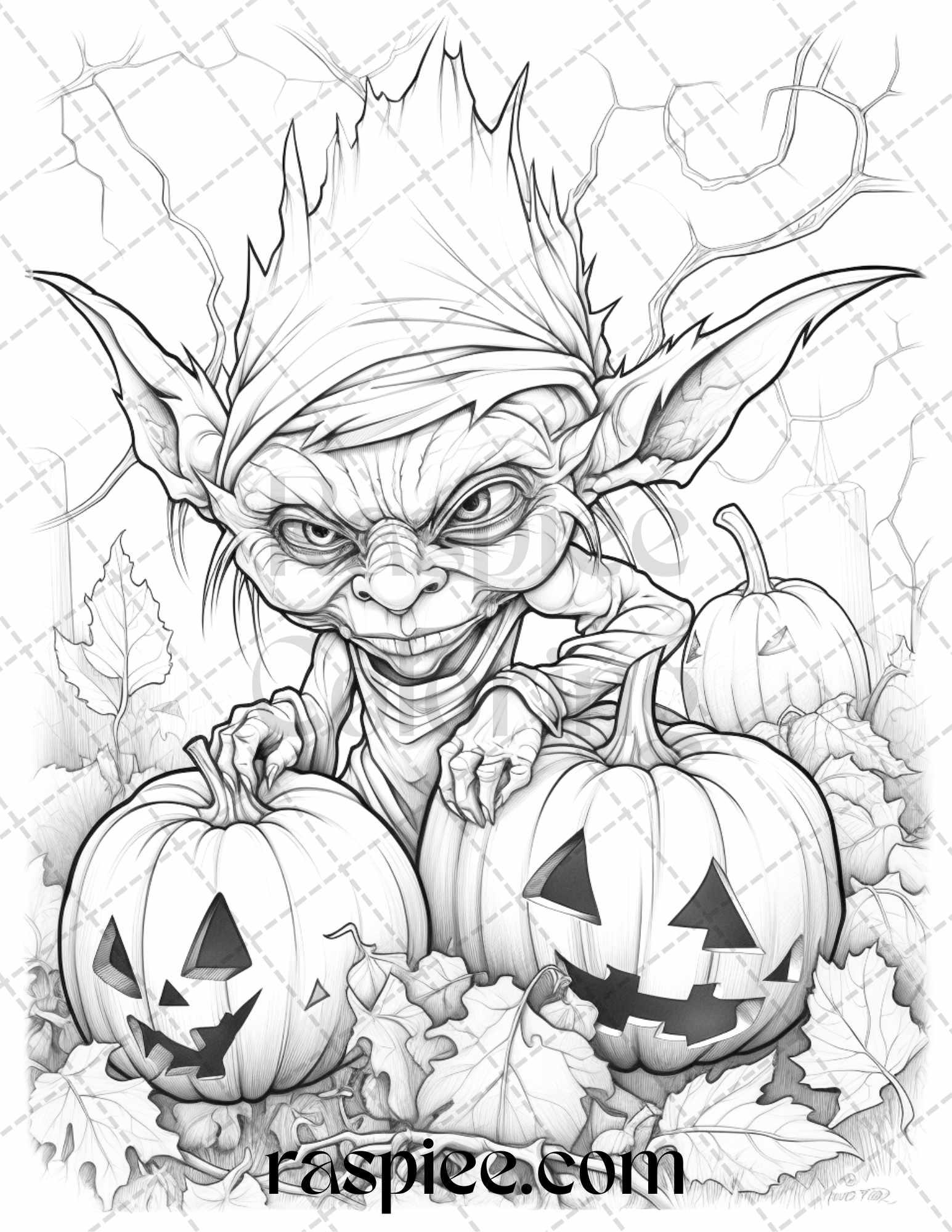 50 Halloween Goblin Grayscale Coloring Pages Printable for Adults, PDF File Instant Download