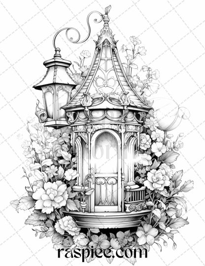 50 Lantern Fairy Houses Grayscale Coloring Pages Printable for Adults, PDF File Instant Download