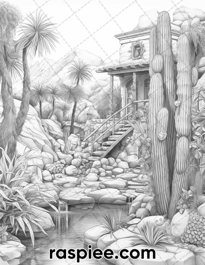 55 Desert Oasis Fairy Homes Grayscale Coloring Pages for Adults, Printable PDF Instant Download