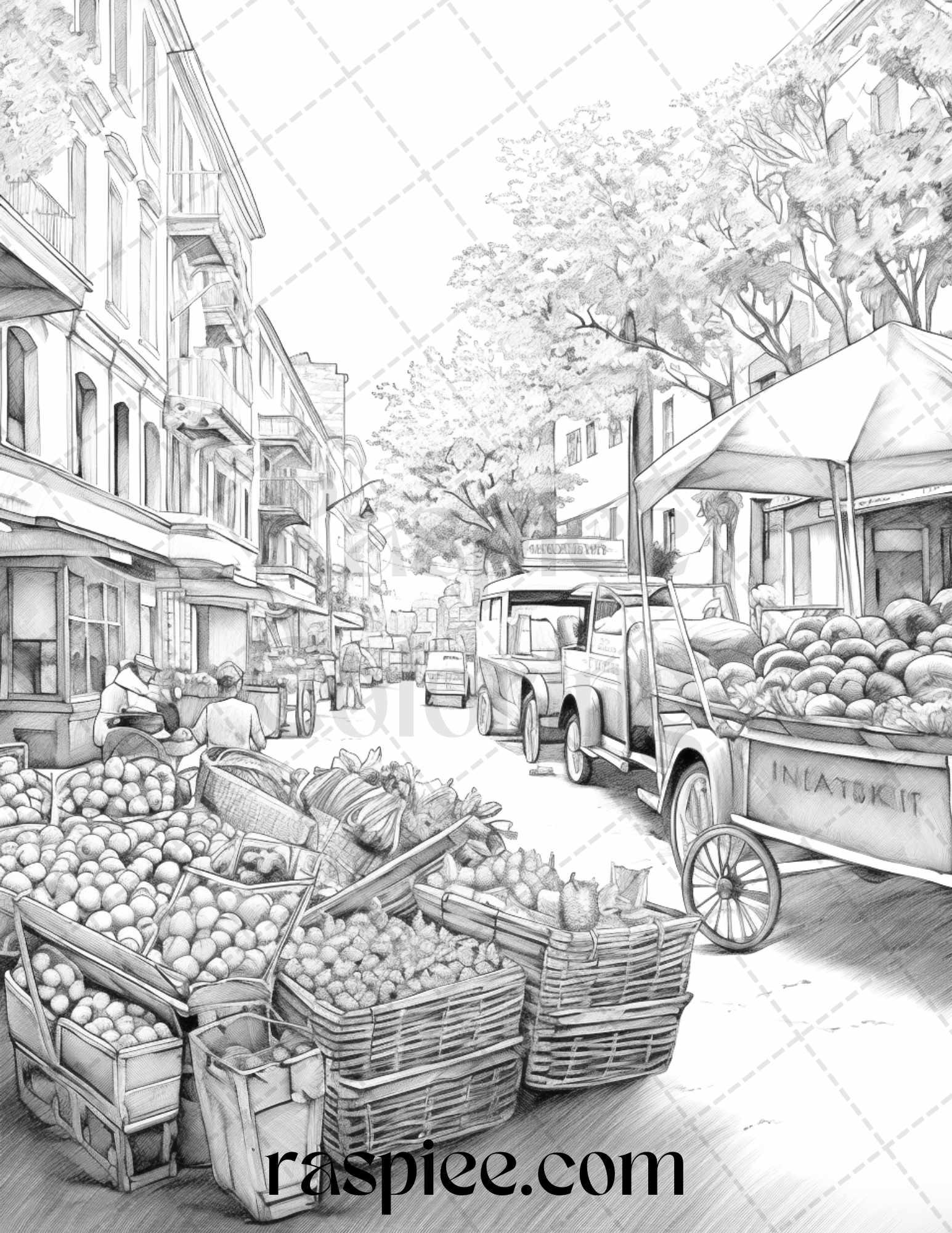 Autumn Street Markets Grayscale Coloring Pages for Adults, Printable PDF File Instant Download