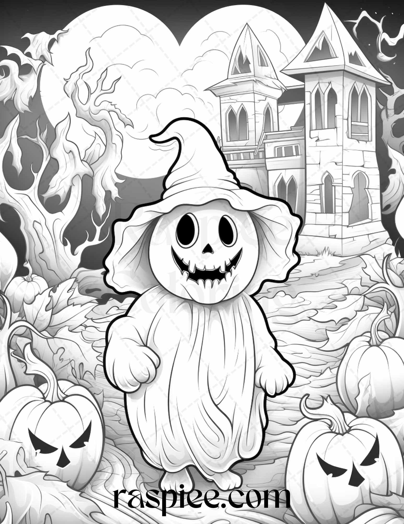 50 Halloween Cute Ghosts Grayscale Coloring Printable for Adults Kids, PDF File Instant Download