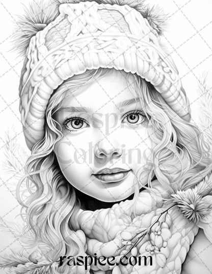 60 Beautiful Winter Girls Grayscale Coloring Pages Printable for Adults, PDF File Instant Download