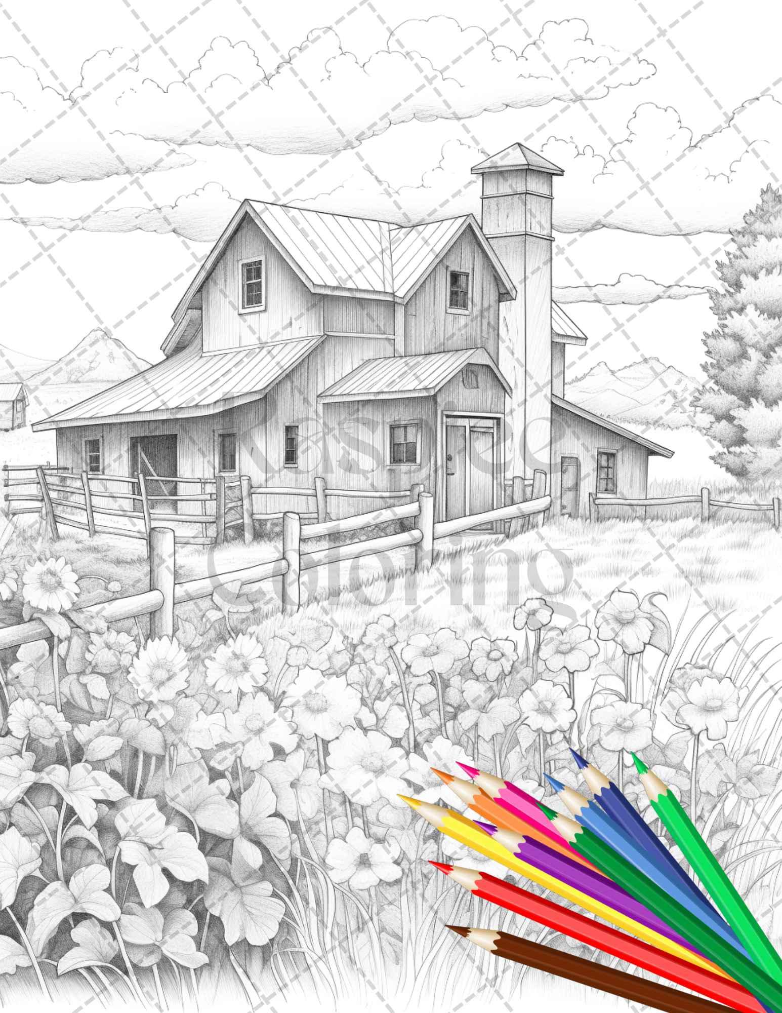 Charming Farmhouse Scenery Grayscale Coloring Pages Printable for Adults, PDF File Instant Download