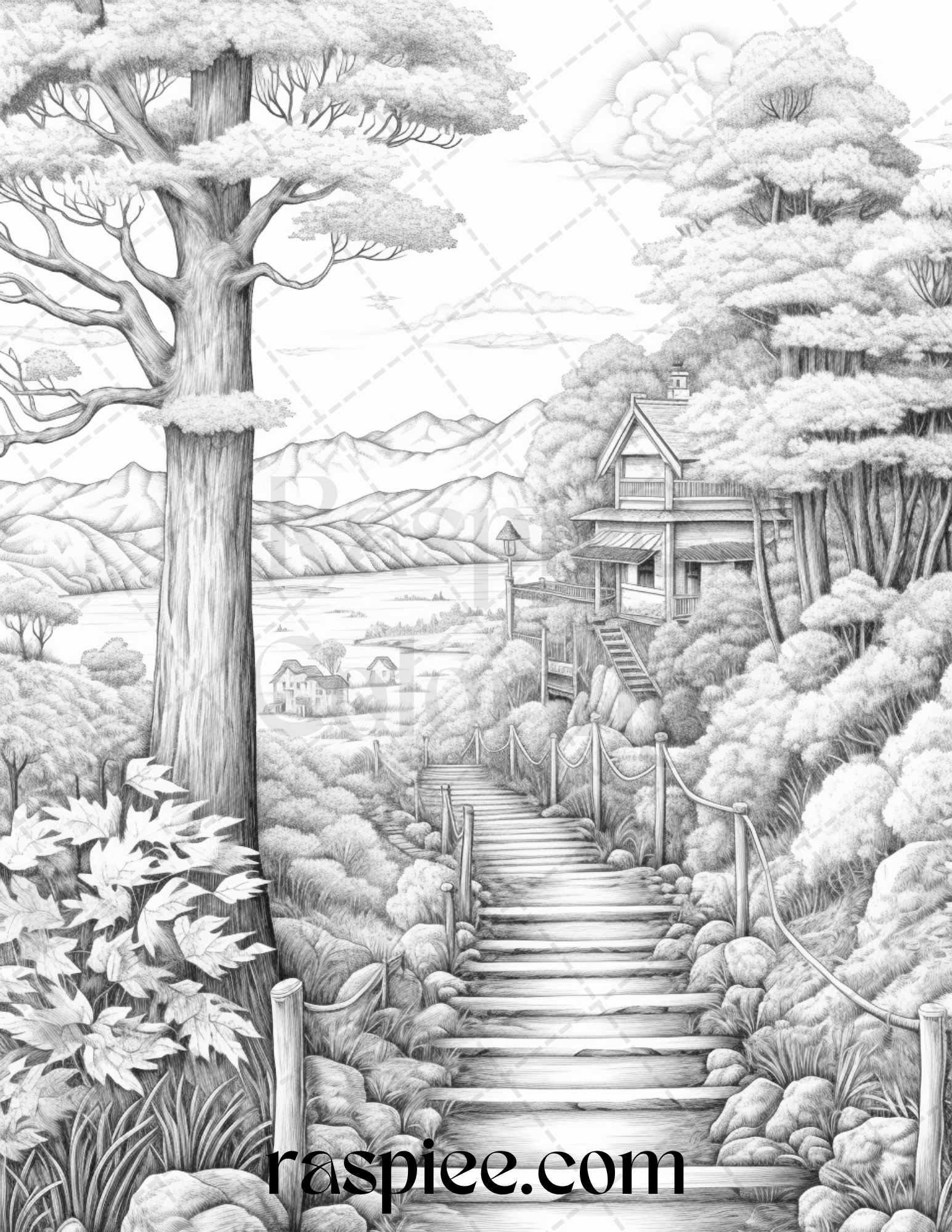 Autumn Scenery Grayscale Coloring Pages Printable for Adults, PDF File Instant Download